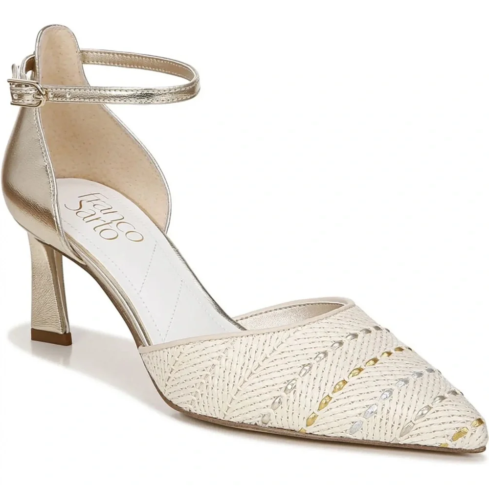 NEW Franco Sarto Taros Metallic Ankle Strap Pump SZ-9.5 White Tan